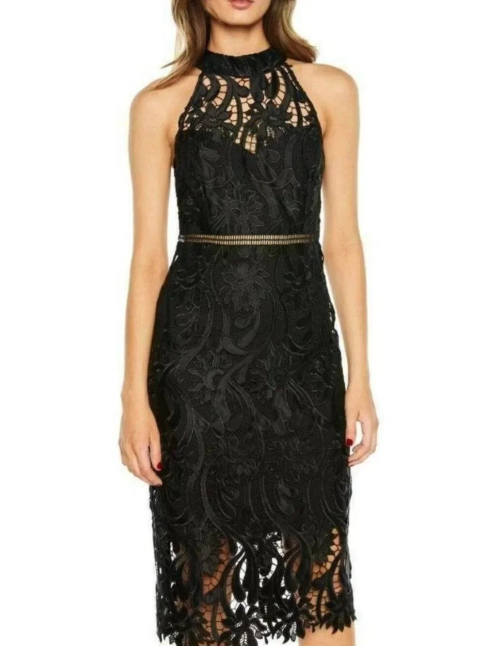 BARDOT EMBROIDERED SLEEVELESS LACE STRETCH PENCIL DRESS BLACK SIZE 4 - Picture 1 of 5